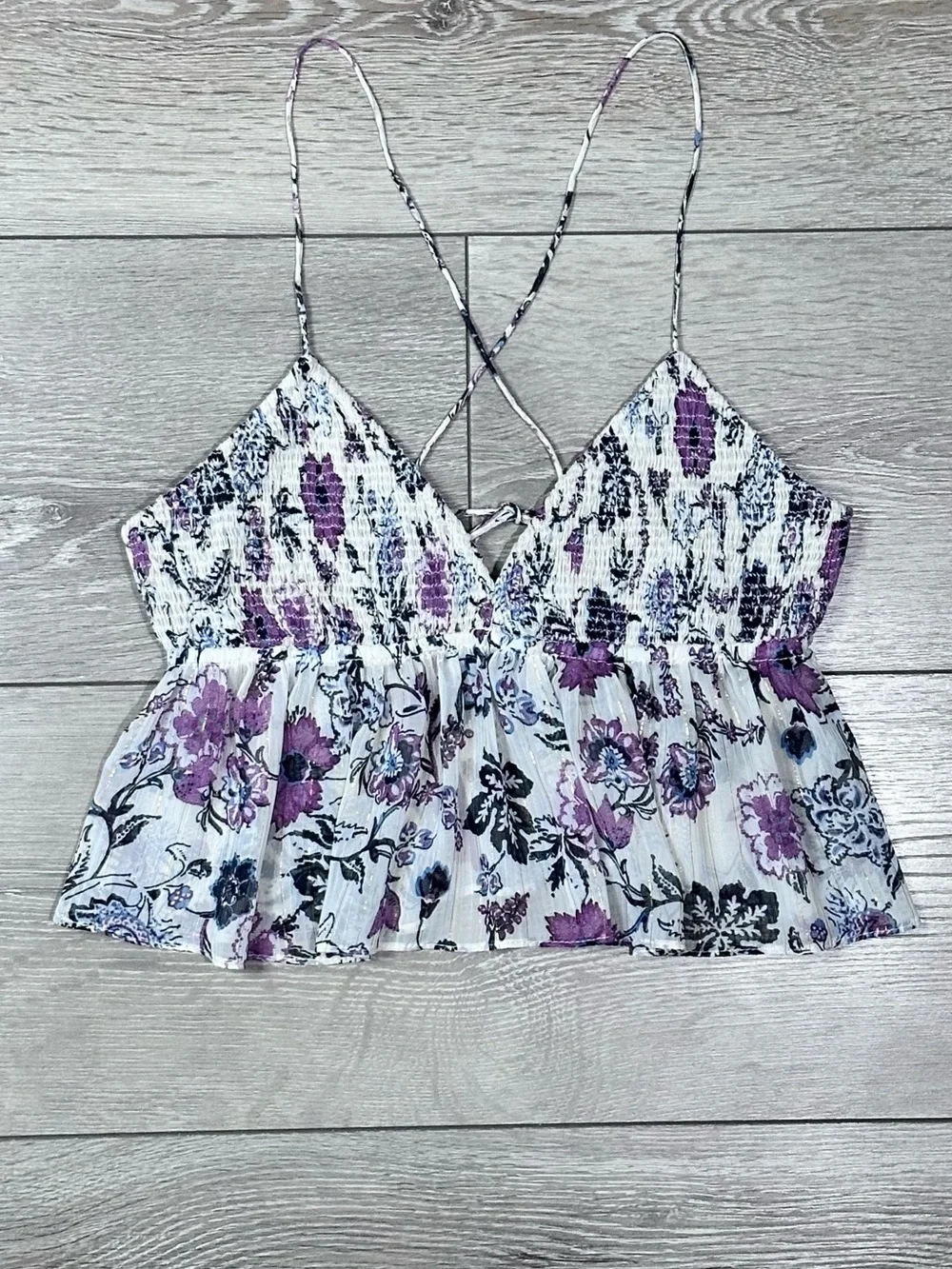 Zara Floral Metallic Smocked Peplum Crop Tank Top